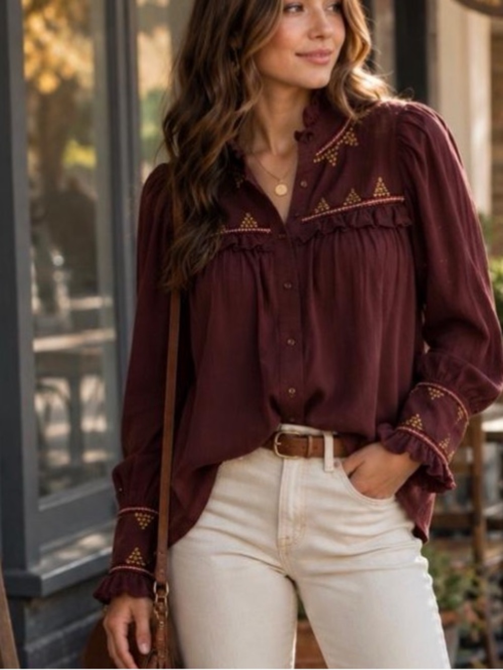 NWT A LOVES A Womens Embroidered Ruffle Collar Button-Down Top in Burgundy XL
